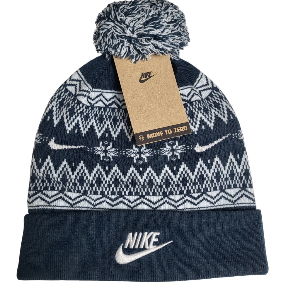 Nike Kids One Size Dark Teal Blue Fair Isle Pom Pom Beanie Hat Winter Snow NWT